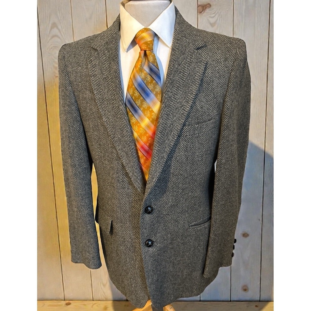 VTG St. Simons Men's Gray Herringbone Tweed Wool Sport Coat Blazer Jacket Sz 42L